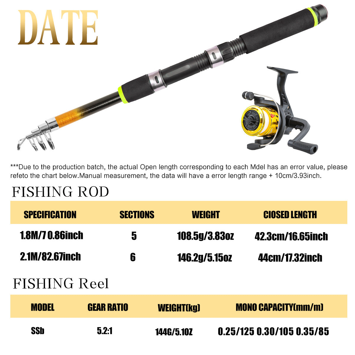 Telescopic fishing rod and reel size and line capacity chart