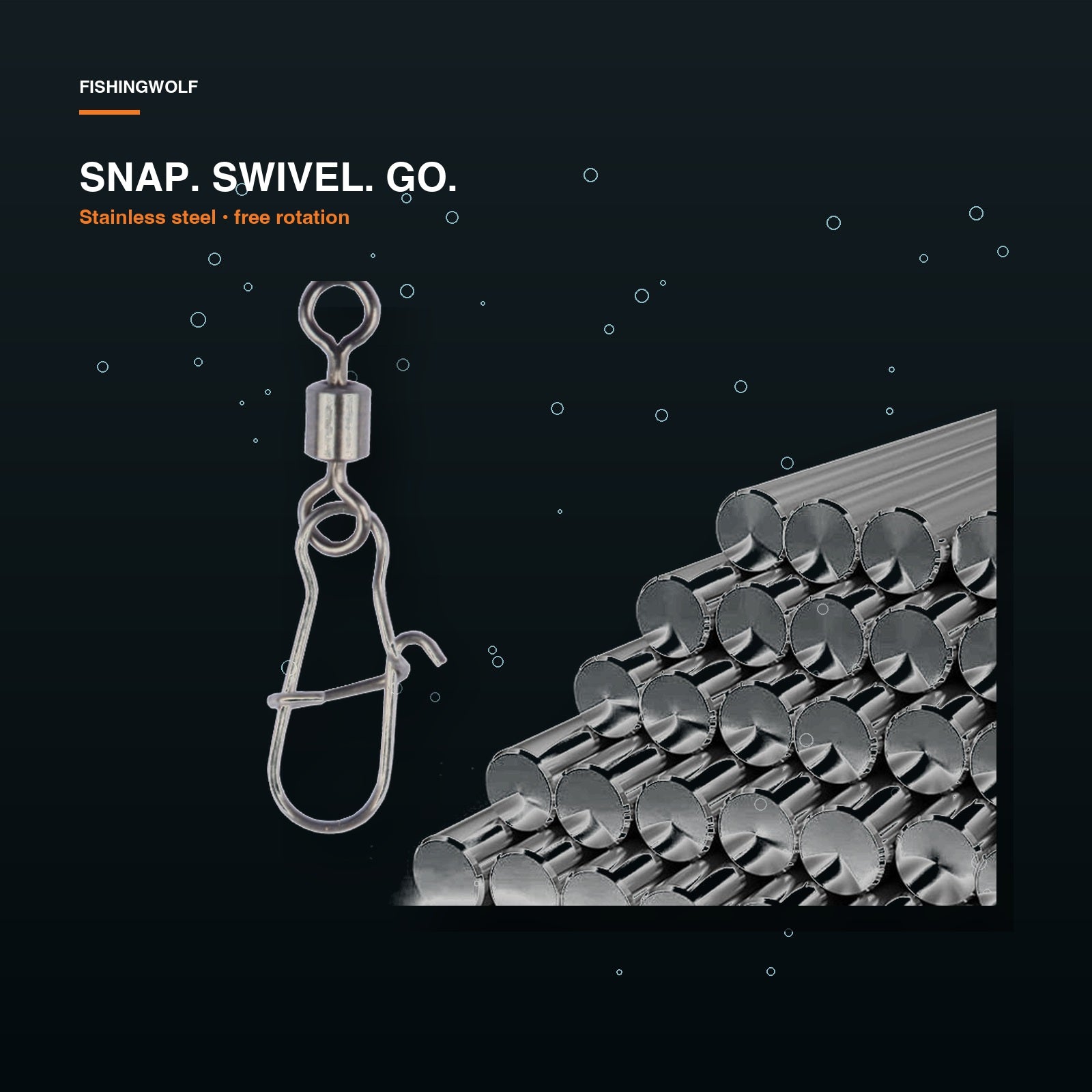 Close-up of a stainless steel snap and barrel swivel