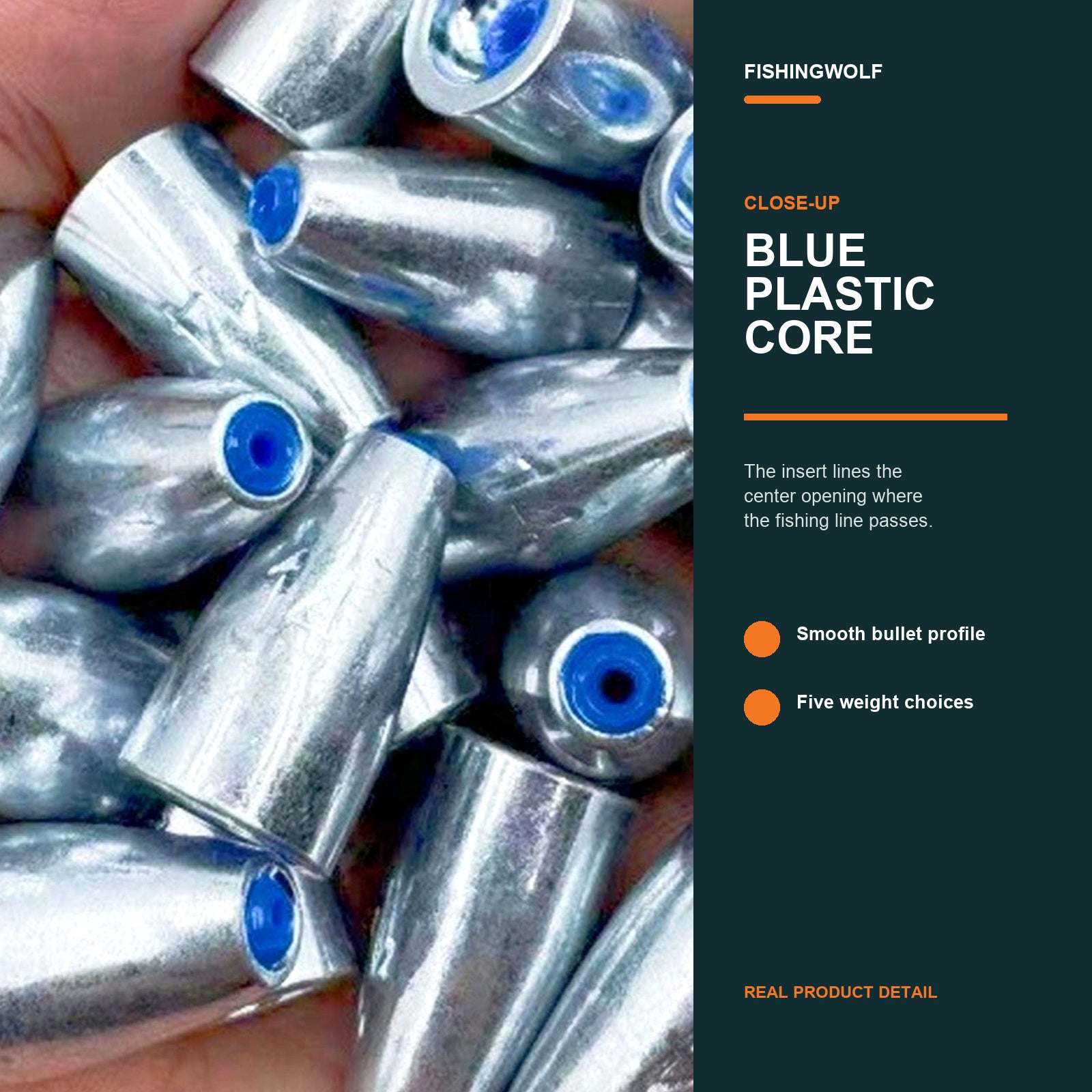 Close-up of silver bullet sinkers with blue plastic core inserts and smooth profiles