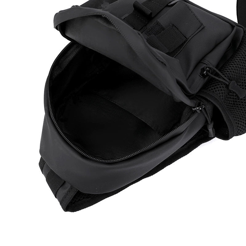 Black waterproof fishing sling bag with front storage pockets