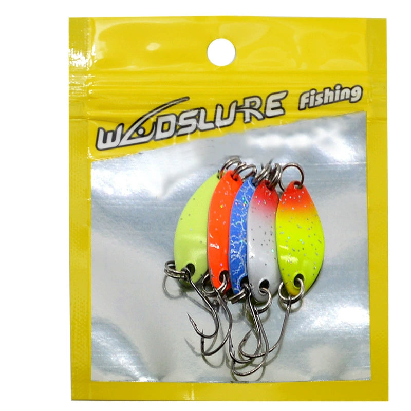 Packaged spoon lure set with multiple colored metal spoons and single hooks in orange, blue, green