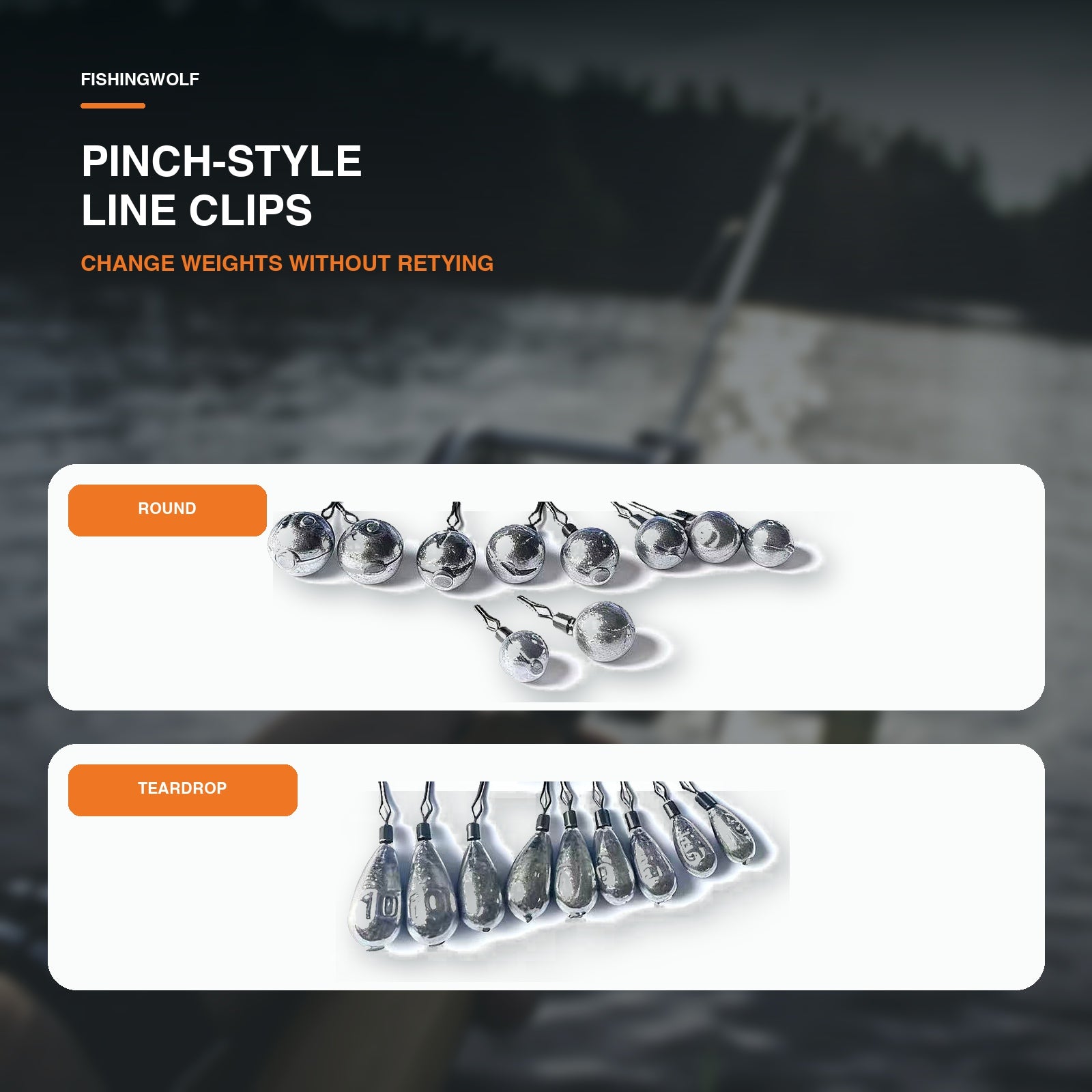 Round and teardrop drop shot weights with pinch-style line clips