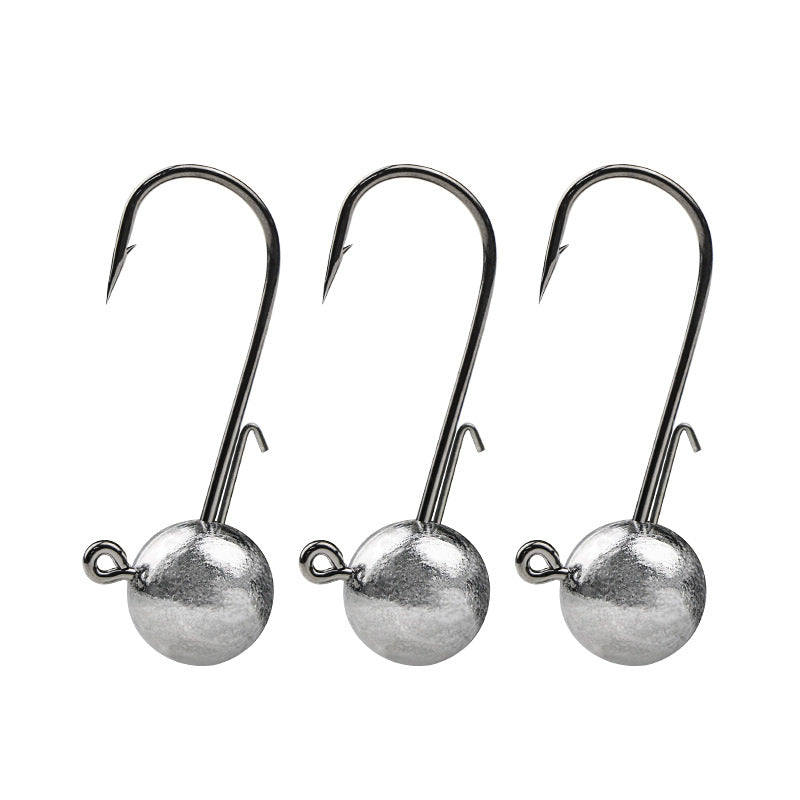 Three Ned rig jig heads with round lead weights and barbed hooks on a white background
