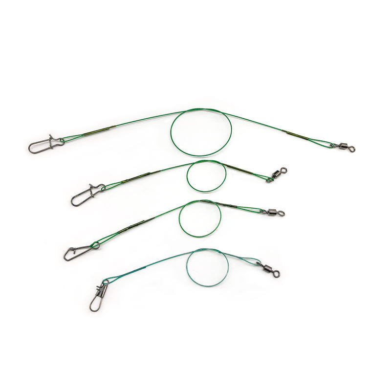 Set of green wire fishing leaders with stainless swivel and snap connectors, neatly laid