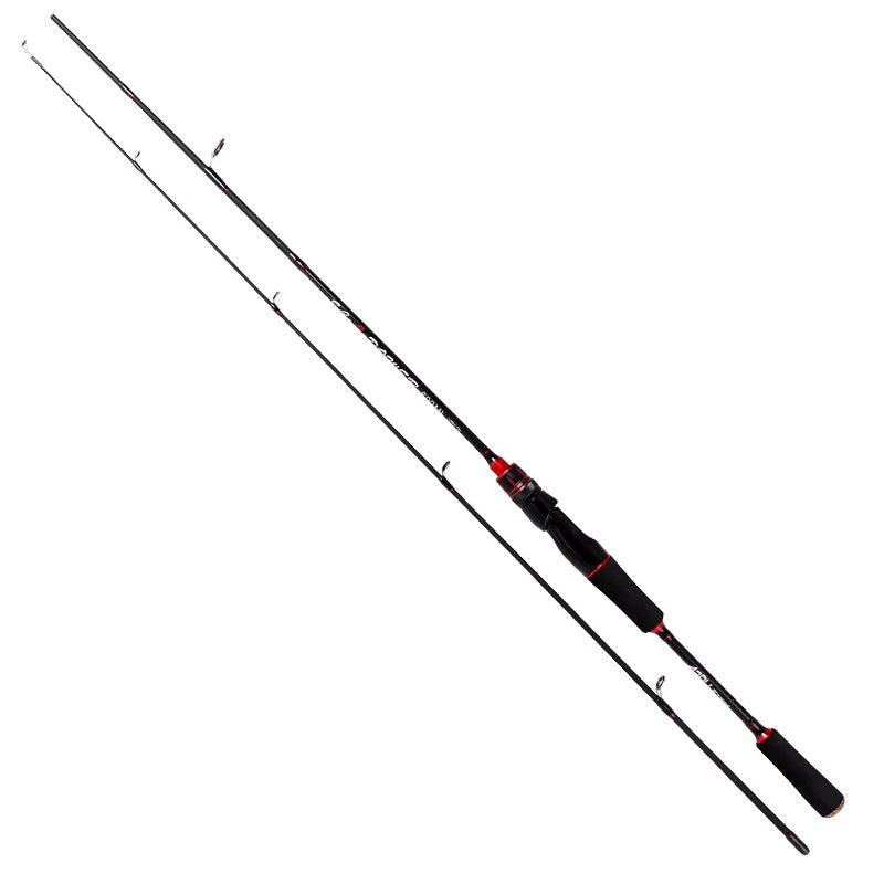 Carbon-fiber fishing rod with straight handle, black blank and red accent rings