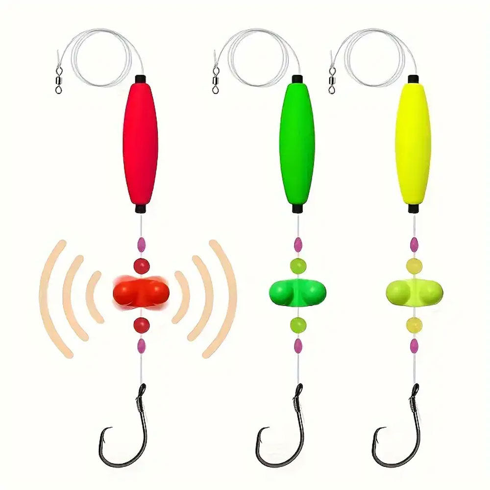 Set of three catfish rigs with red, green, and yellow cigar floats, rattle beads, and circle hooks.