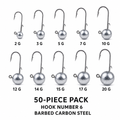 50-pack Ned rig jig heads with barbed carbon-steel hooks in weights from 2 g to 20 g