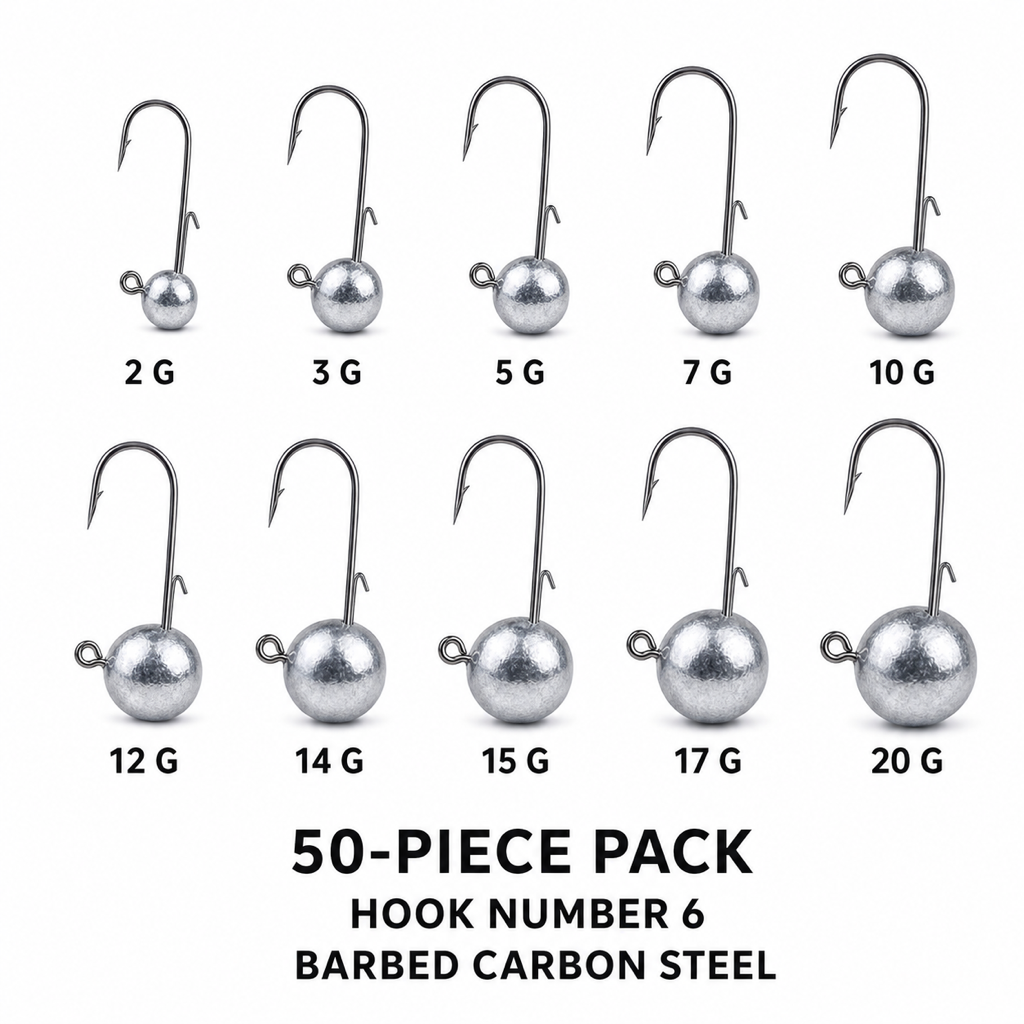 50-pack Ned rig jig heads with barbed carbon-steel hooks in weights from 2 g to 20 g