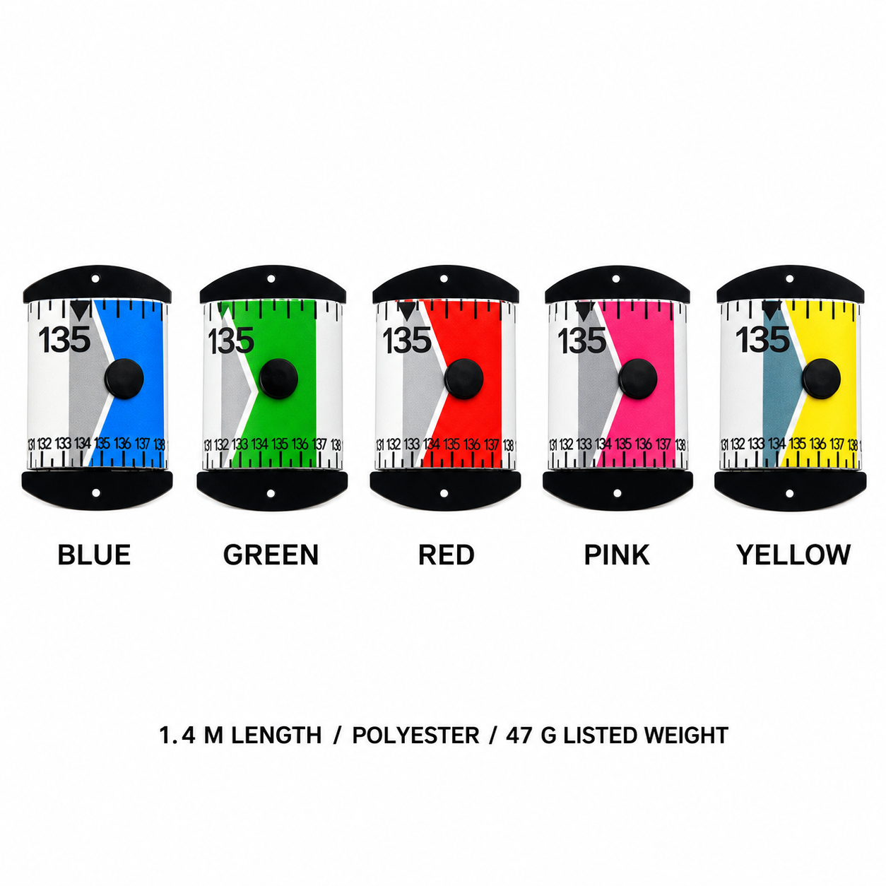 Fish measuring ruler set showing blue, green, red, pink, and yellow rolls with black end plates
