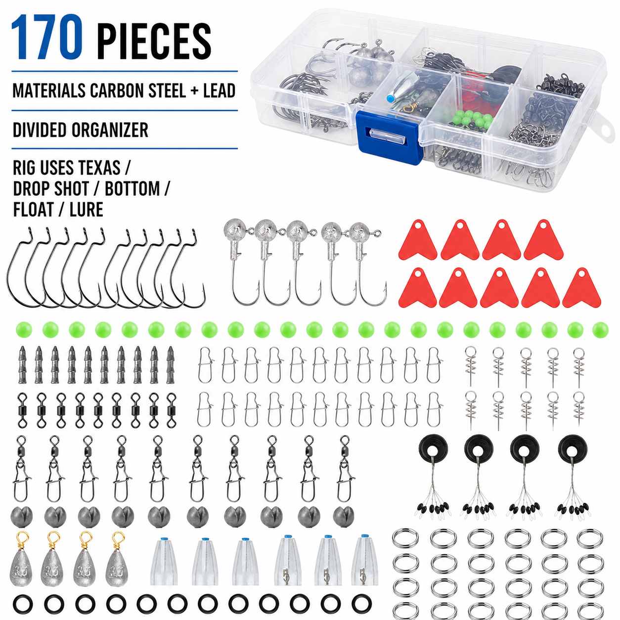 170-piece fishing rig accessories set with clear organizer: hooks, weights, swivels and snaps