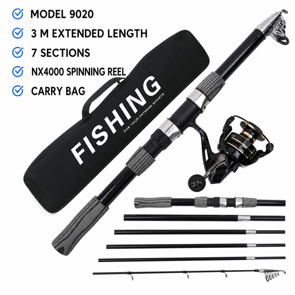 Fishingwolf authorized creative gallery | Options | Fishingwolf 3 m Telescopic Spinning Rod & Reel Combo - 7-Section Portable Travel Set, Carry Bag, Model 9020 for Lure Fishing