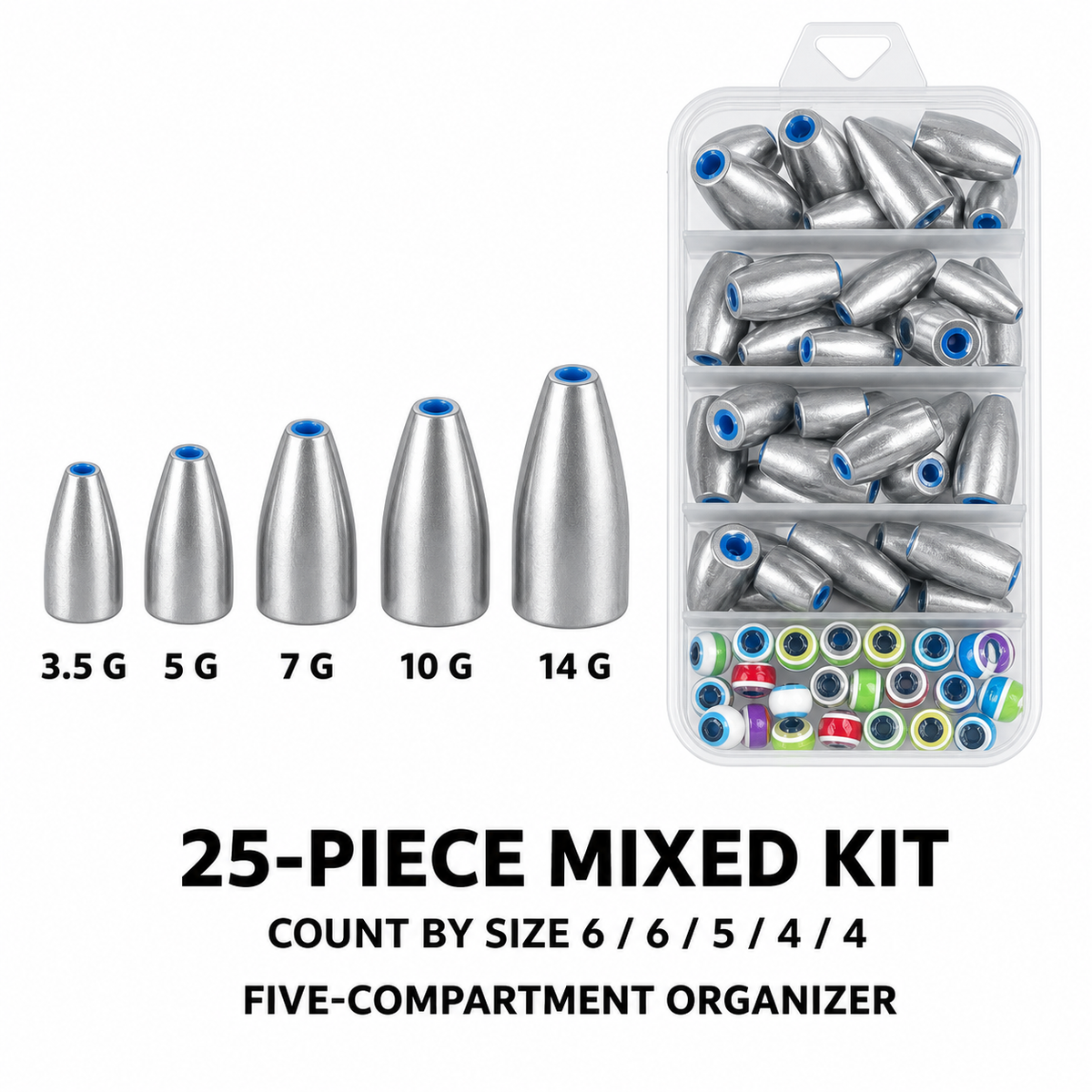 Assorted bullet weights by size with blue inserts, shown in five-compartment organizer