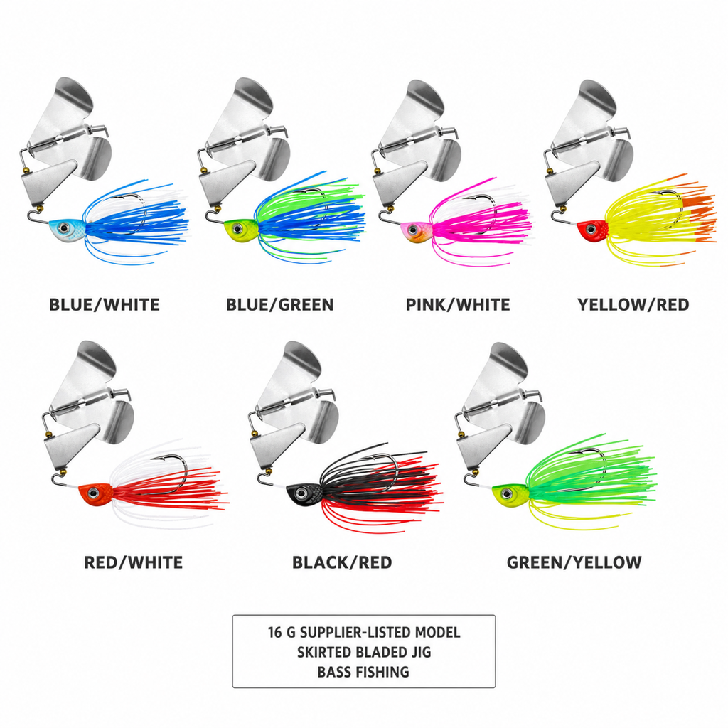 Seven skirted bladed jig lures with silver blades and blue, green, pink, yellow, red, black accents