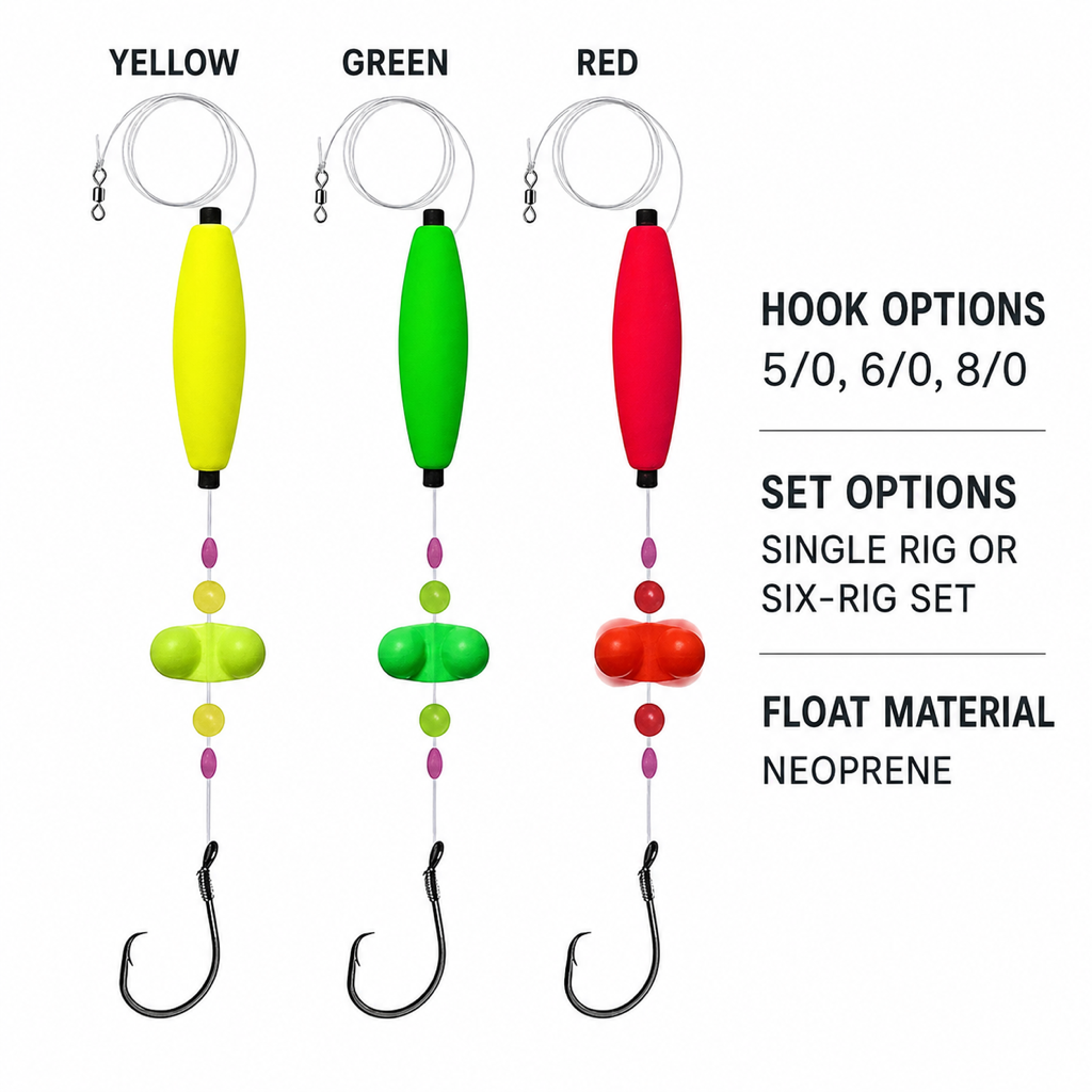 Catfish float rig options with yellow, green, and red cigar floats, rattle beads, and circle hooks