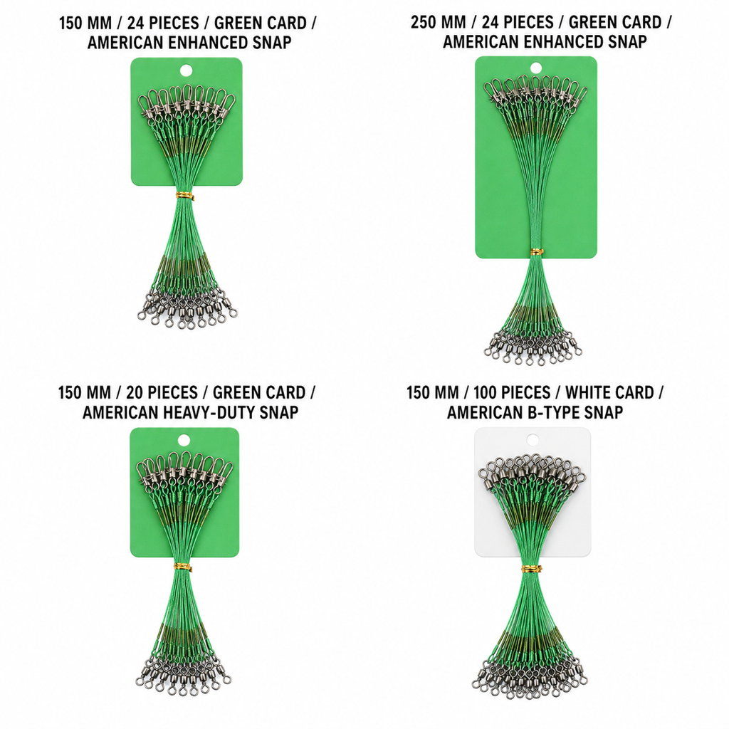 Wire fishing leaders bundles on cards: green-coated lines with stainless swivels and snaps