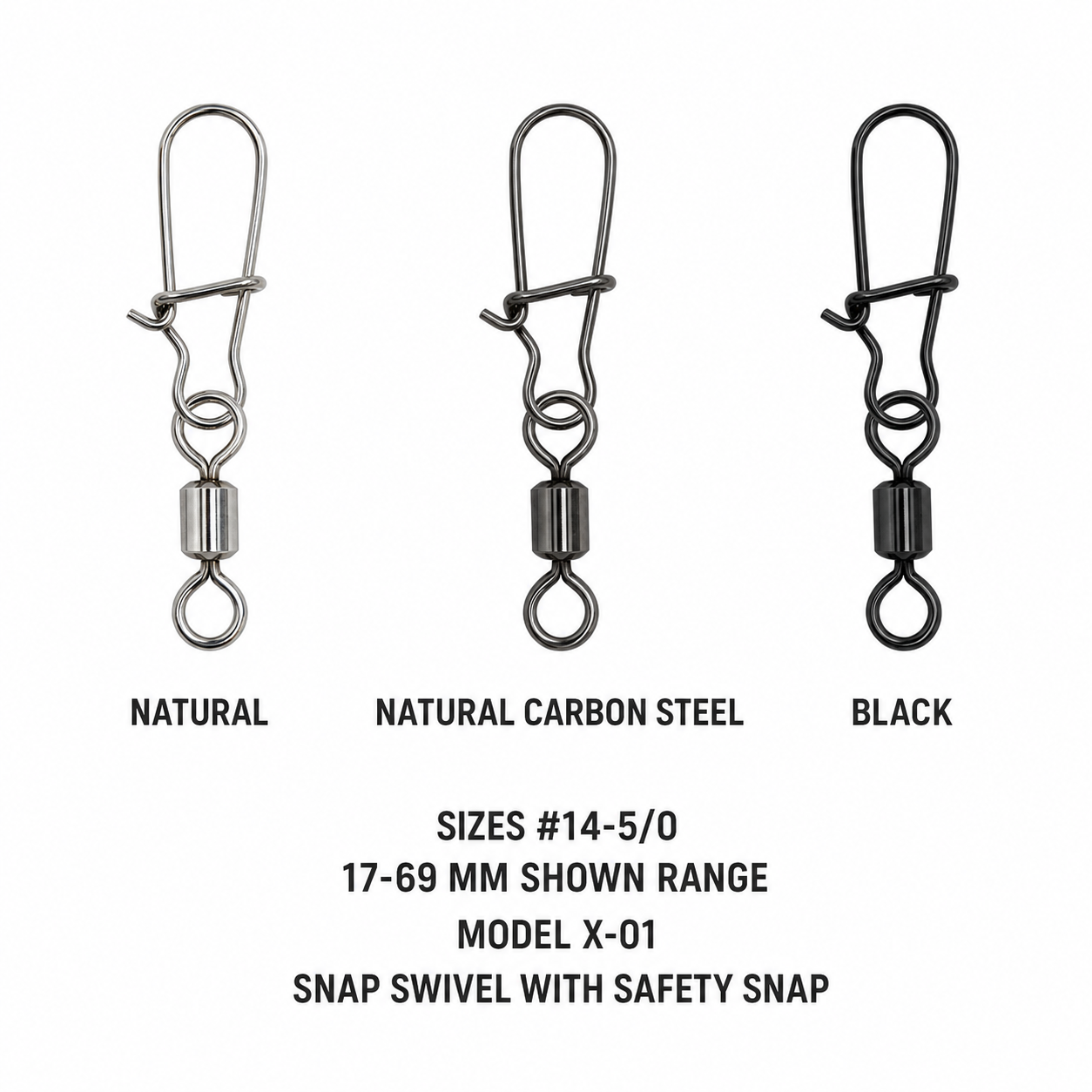 Fishingwolf authorized creative gallery | Options | Fishingwolf Snap Swivel with Safety Snap - Quick-Change Lure Connector, #14-5/0, 17-69 mm, Natural and Black Options