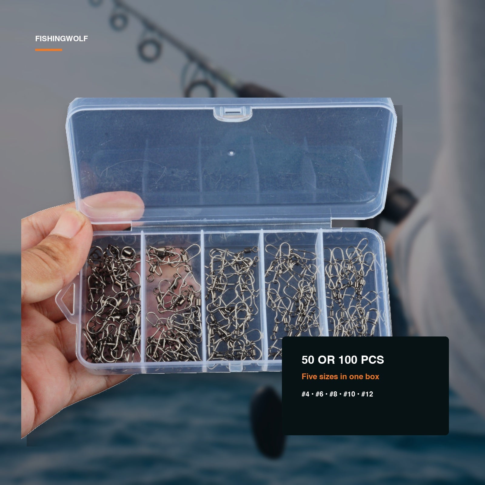 Open snap swivel organizer held beside a fishing rod on the water
