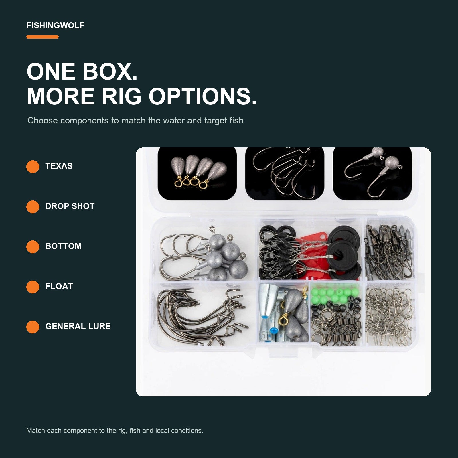 Fishing terminal tackle kit in divided organizer with hooks, weights, and connectors.