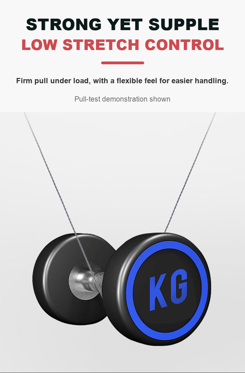 Fishing line low-stretch control demo with two reels and labeled KG weight