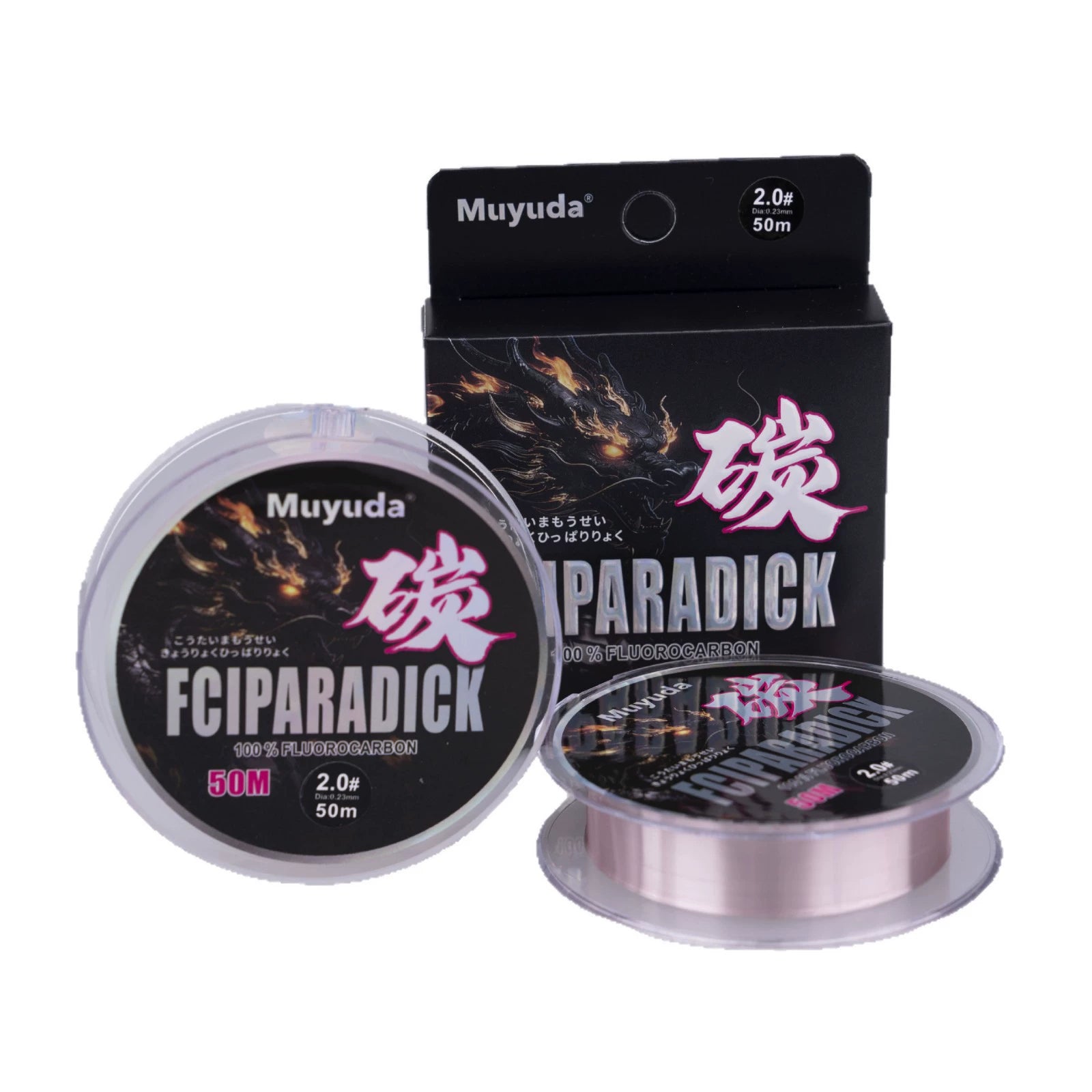 Pink fluorocarbon leader line twin spools with black Mu yuda FCIPARADICK box