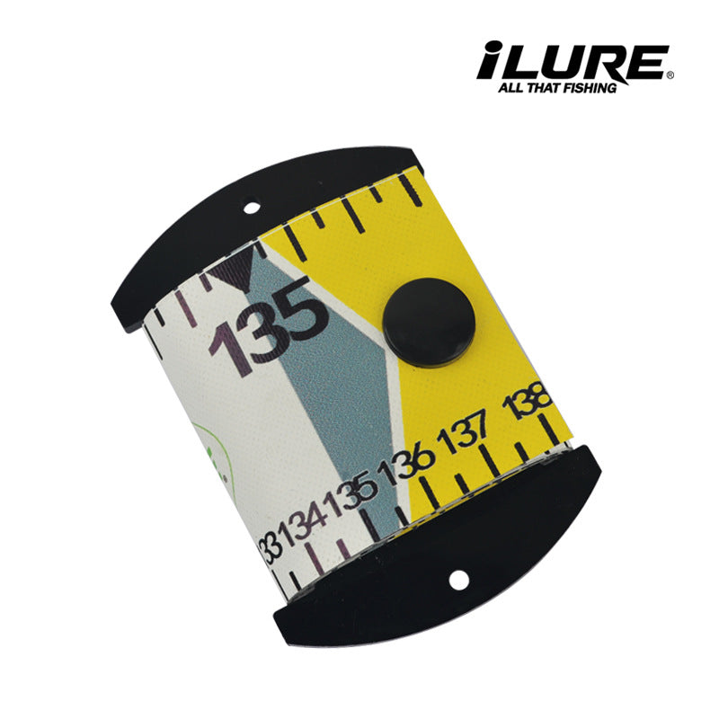 Fish measuring ruler roll-up mat section with snap end plate, yellow and black/white print