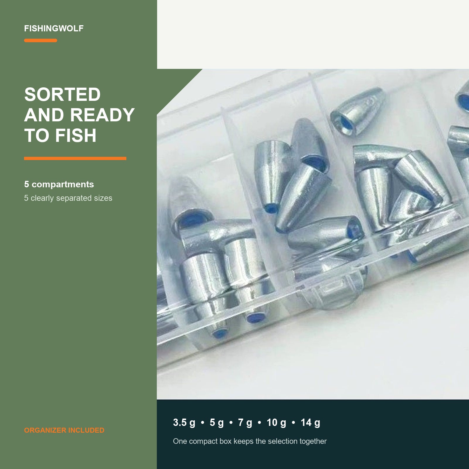 Clear 5-compartment organizer holding silver bullet sinkers with blue plastic cores