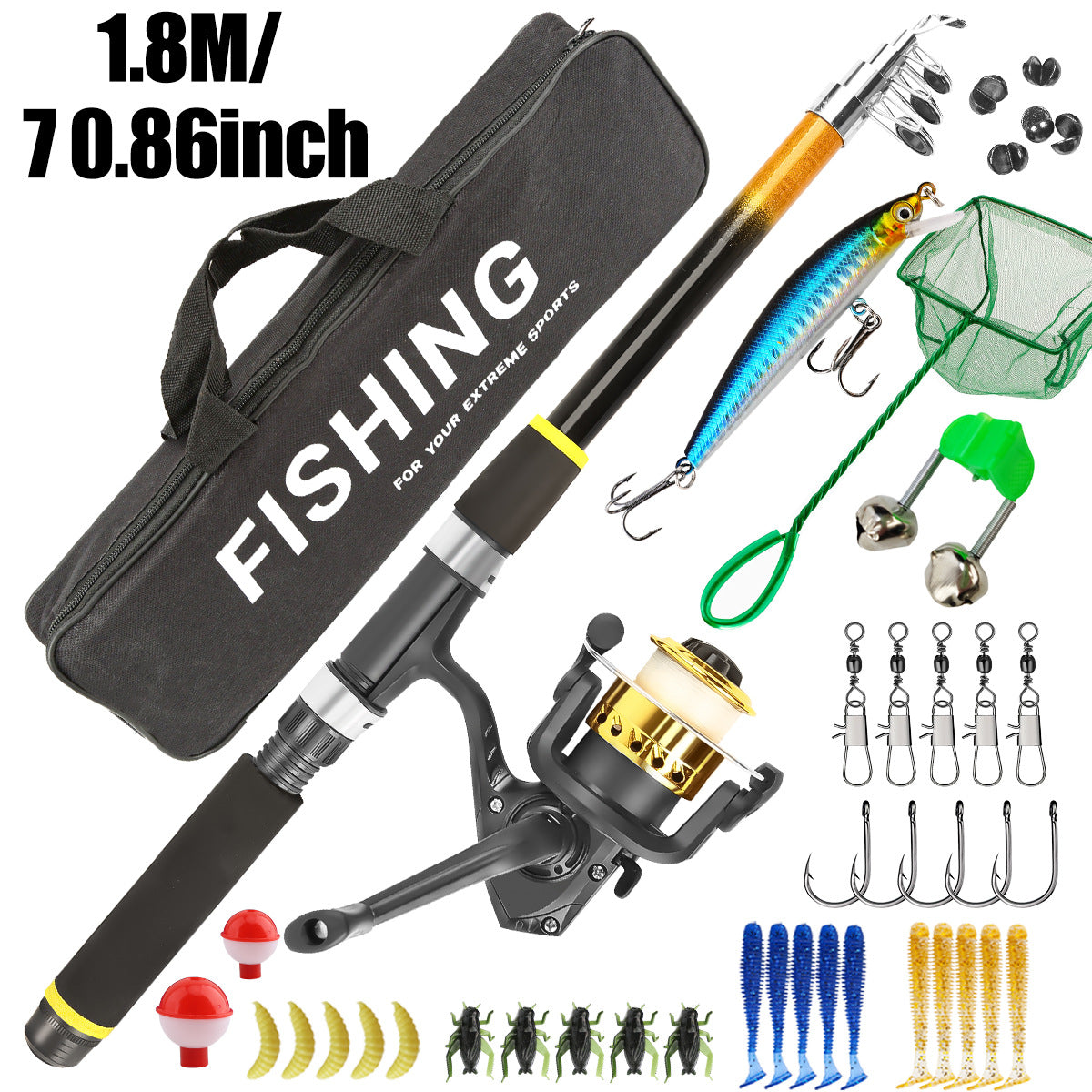 1.8 m telescopic fishing rod and reel kit with landing net