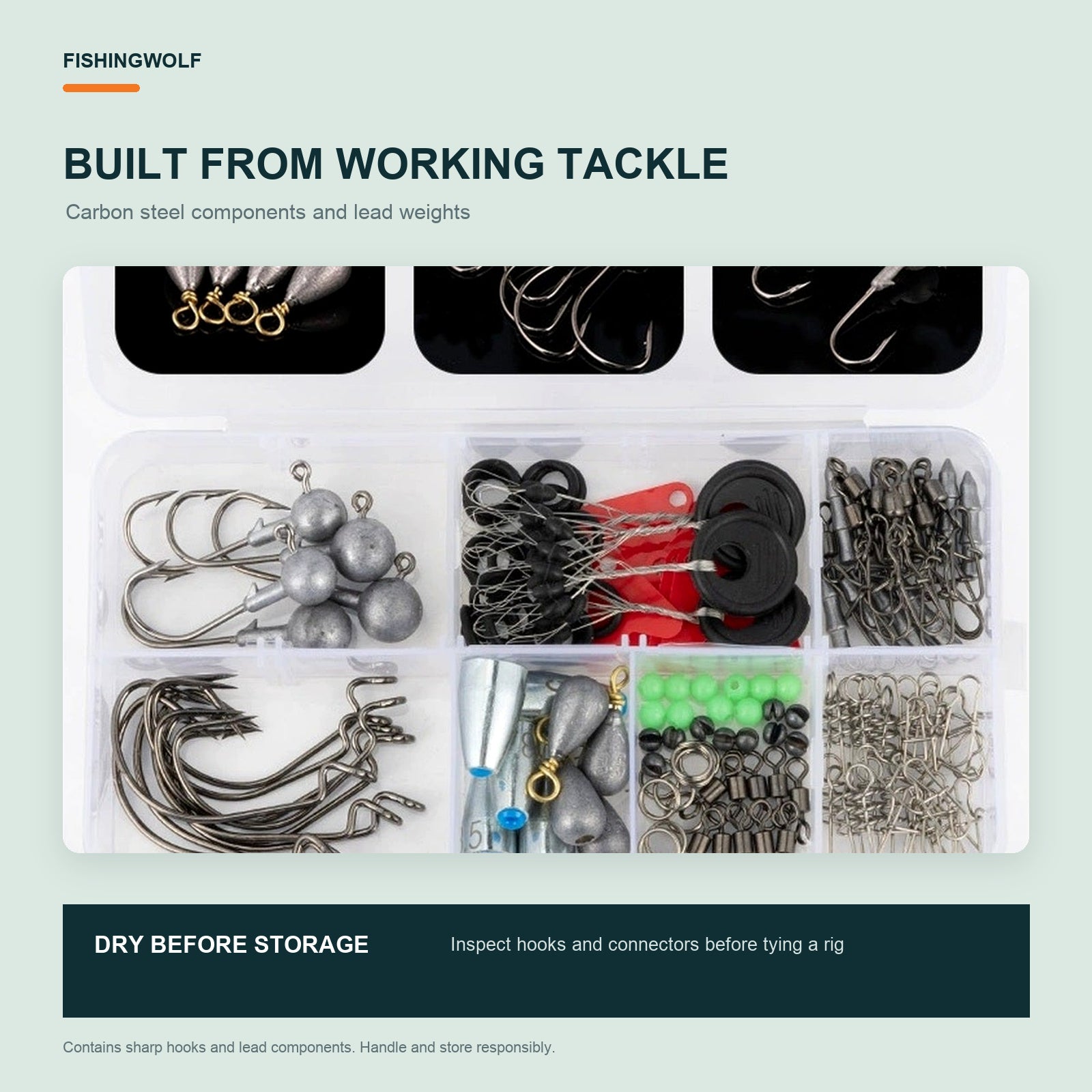Fishing terminal tackle kit: lead weights and hooks in clear divided organizer compartments.