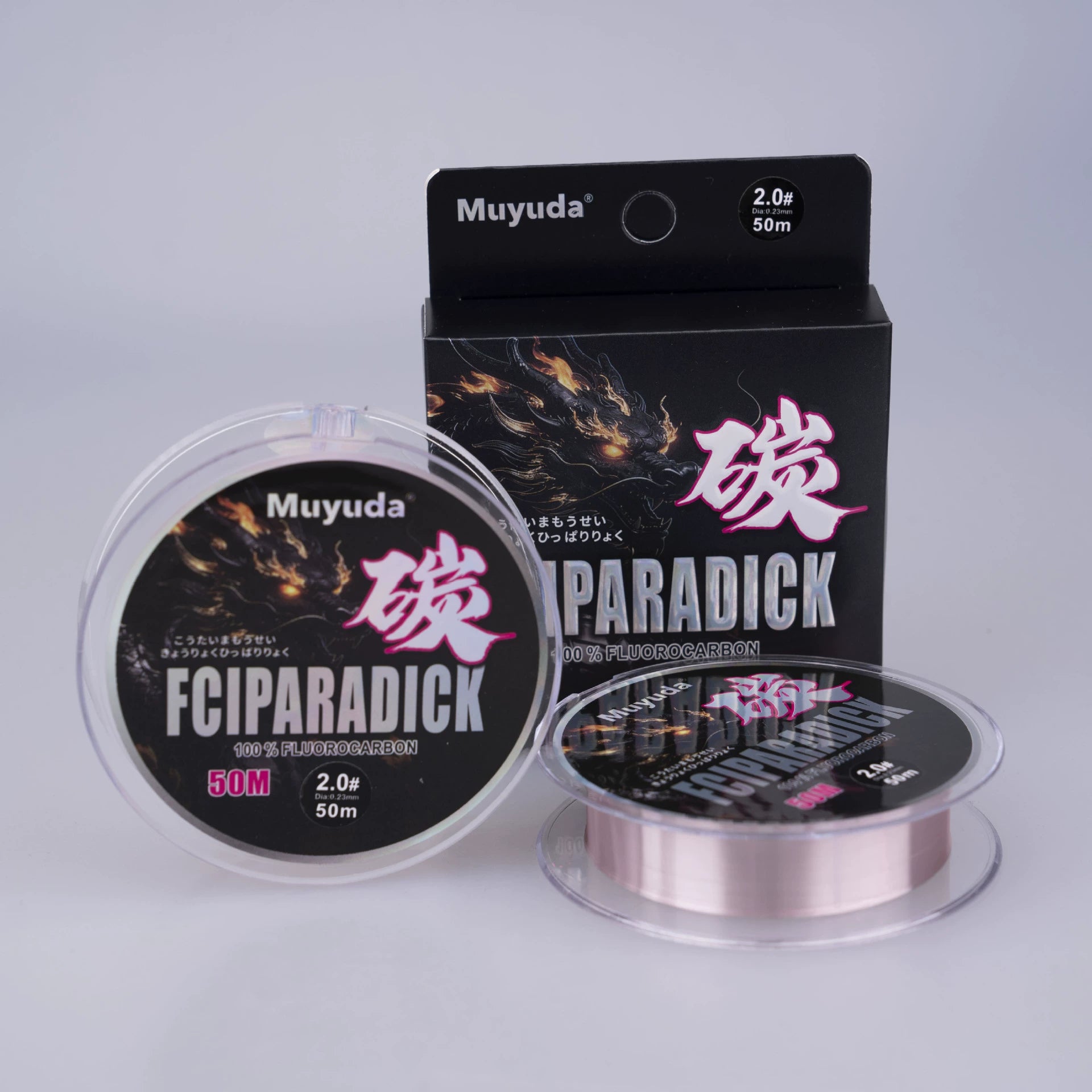 Pink fluorocarbon fishing leader line spools with black Mu yuda FCIPARADICK packaging