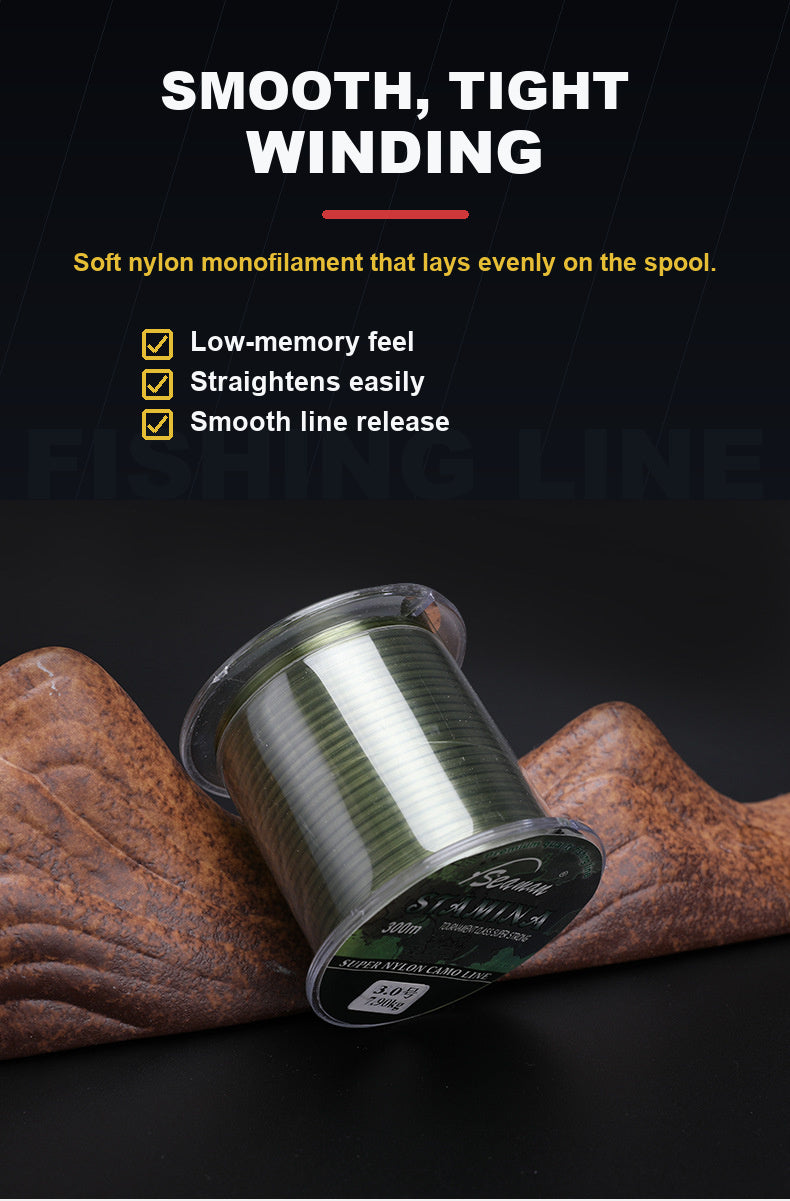 Olive-green nylon fishing line spool resting on a hand, coiled monofilament