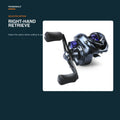 Right-hand retrieve baitcasting reel with dark body, blue spool, and black handle grips