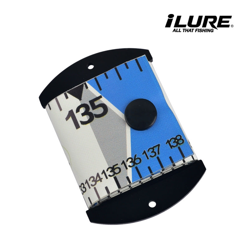 Fish measuring ruler roll-up mat section with snap end plate, blue and black/white print