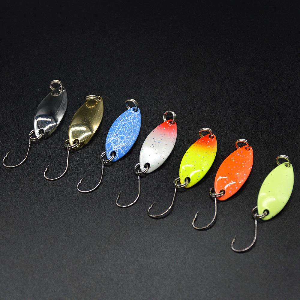 Trout spoon lure set with multiple colored metal spoons and single barbed hooks
