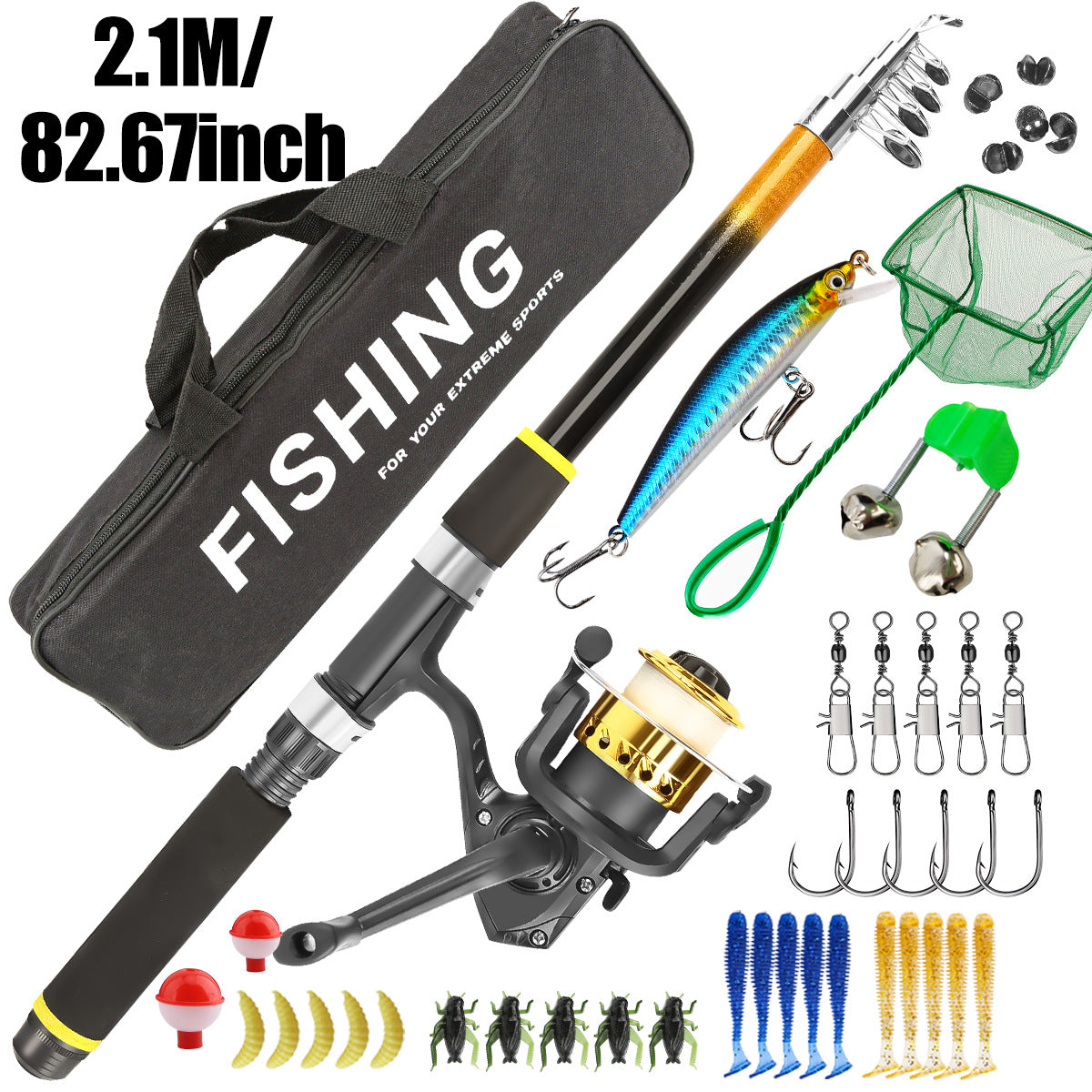 2.1 m telescopic fishing rod and reel kit with landing net