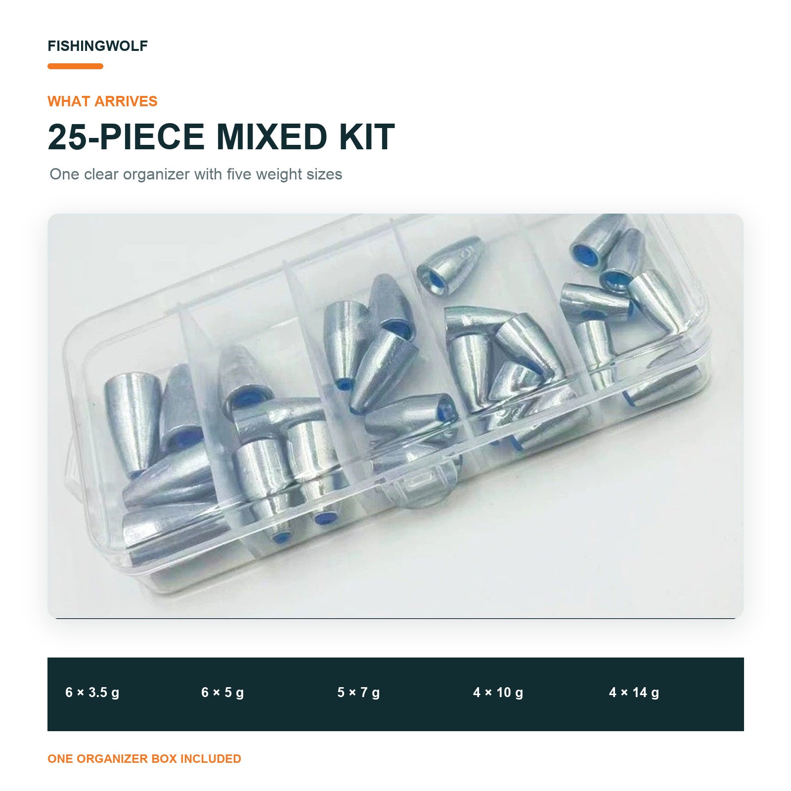 25-piece mixed kit of silver bullet sinkers in clear organizer with blue plastic cores