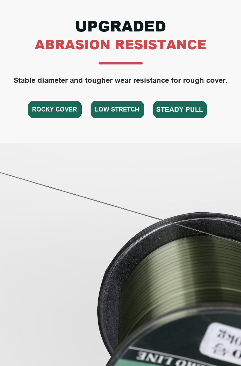 Close-up of olive-green fishing line spool edge and wound monofilament