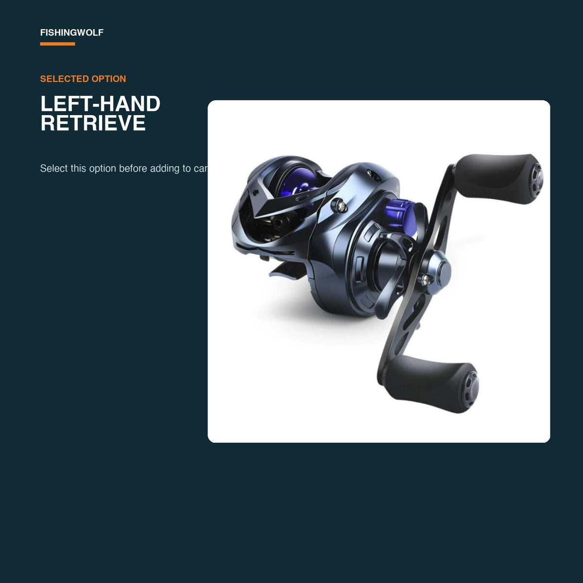 Left-hand retrieve baitcasting reel with dark body, blue spool, and black handle grips
