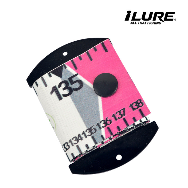 Fish measuring ruler roll-up mat section with snap end plate, pink and black/white print