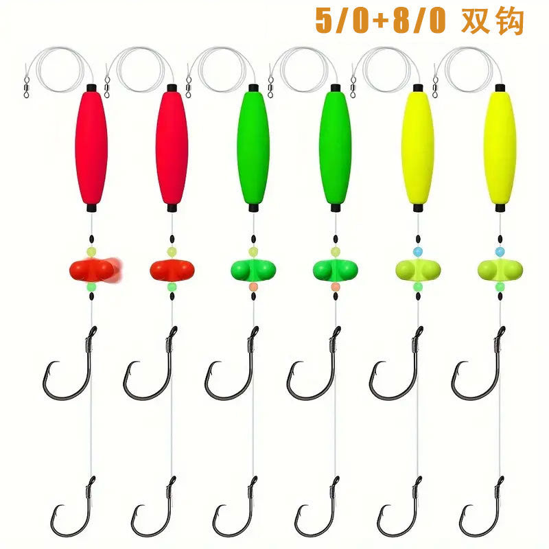 Catfish double-hook float rig set (5/0 + 8/0) with red, green, and yellow cigar floats and circle hooks.