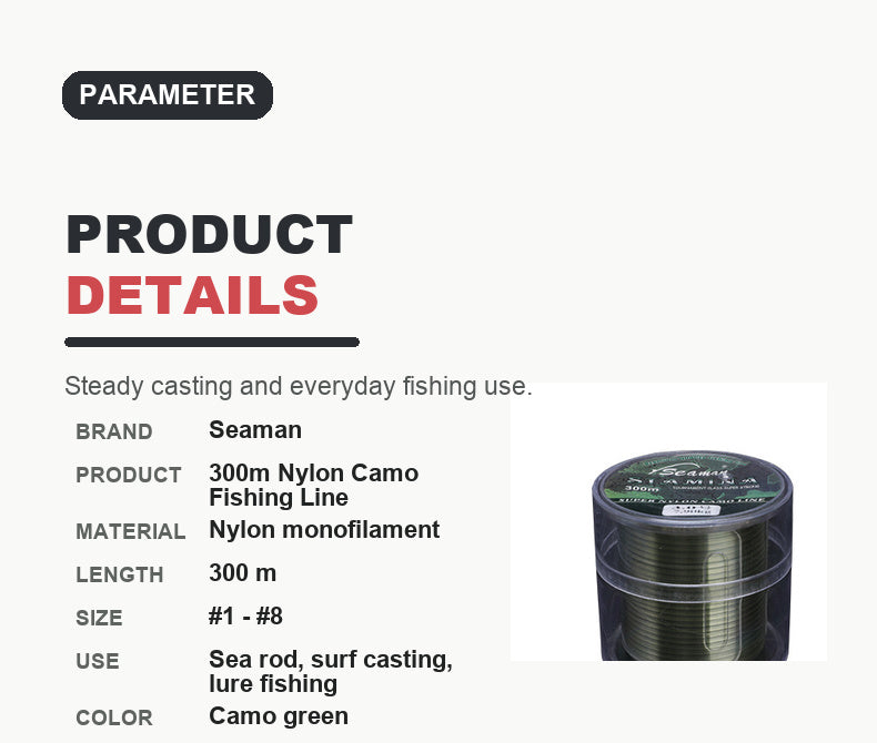 Product details card with small olive-green fishing line spool, nylon monofilament