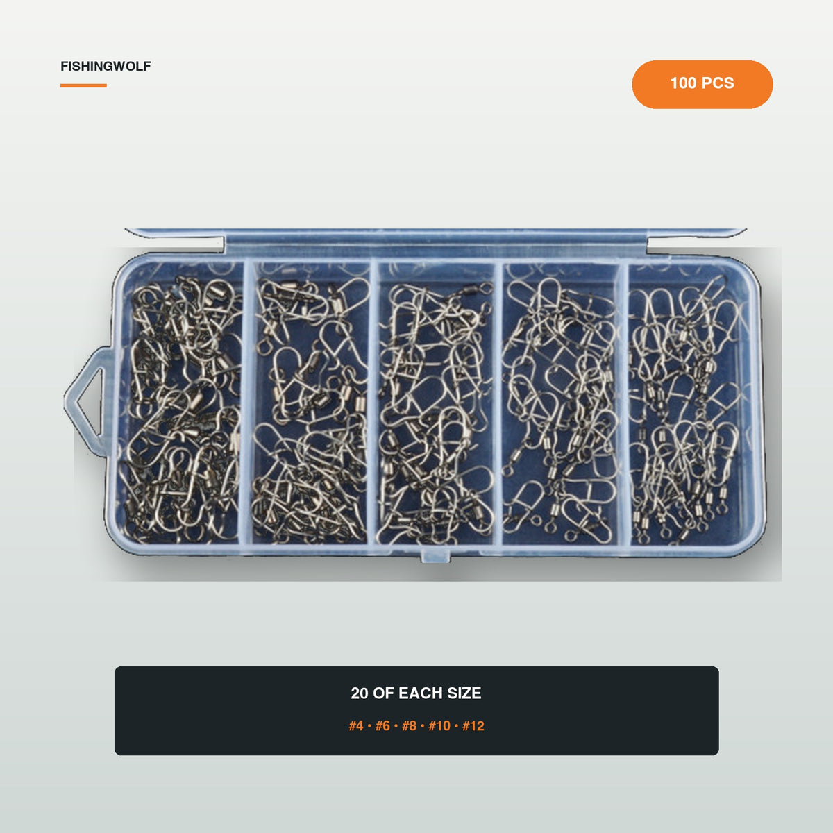 Clear snap swivel organizer with five rows of dark silver snap swivels, 100-count set