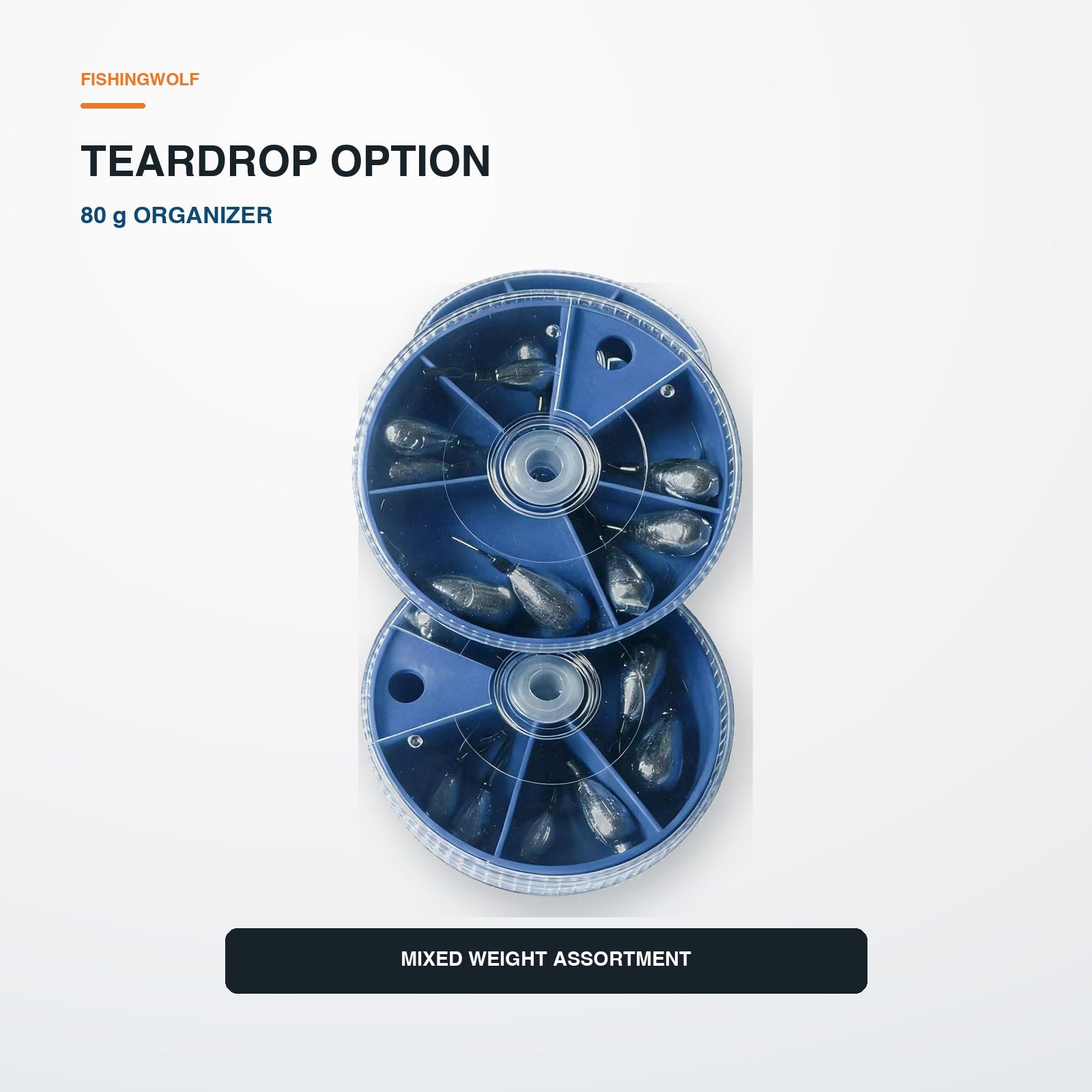 Teardrop drop shot weight organizer with blue divided tray and mixed metal sinkers