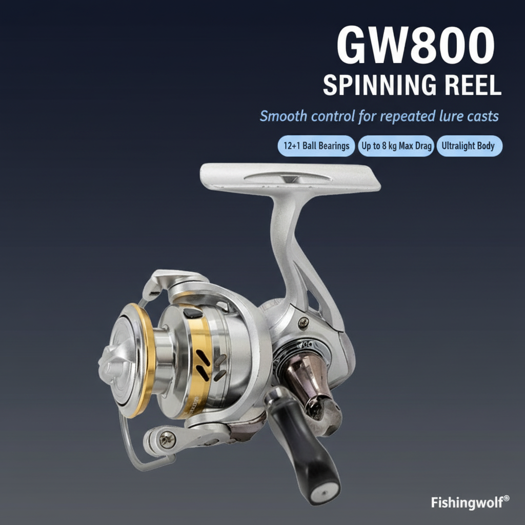 Ultralight spinning reel with silver body and gold-accent spool, front drag and bail