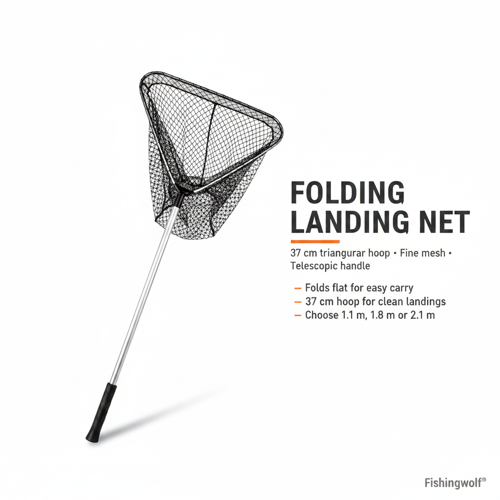 Folding landing net with triangular hoop, fine mesh, and stainless telescopic pole, black handle