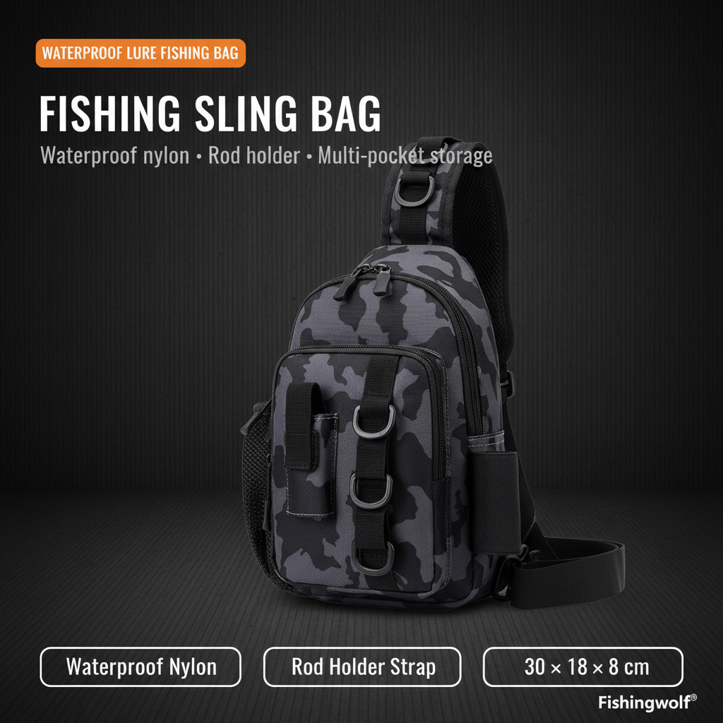 Black camo waterproof fishing sling bag with rod holder and front pockets