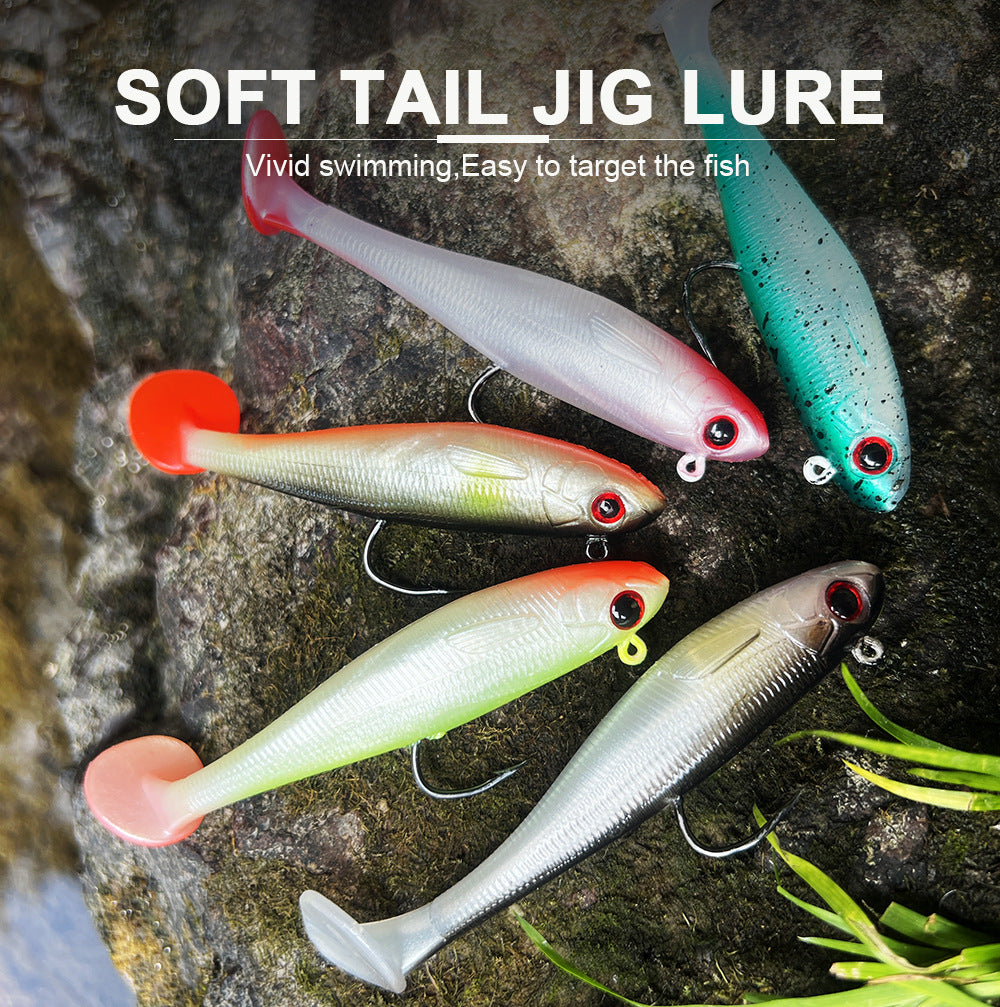 Paddle tail soft swimbaits set, assorted colors with single jig hooks and lifelike eyes