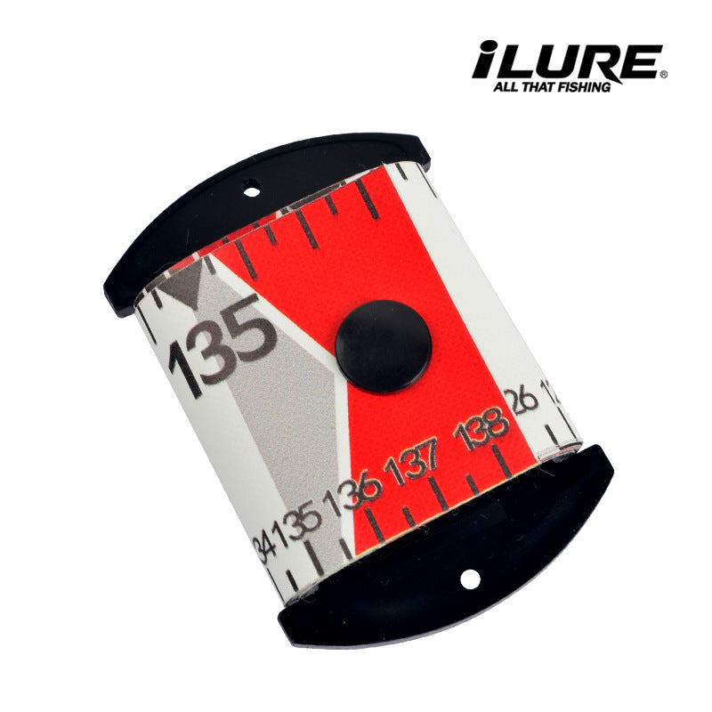 Fish measuring ruler roll-up mat section with snap end plate, red and black/white print