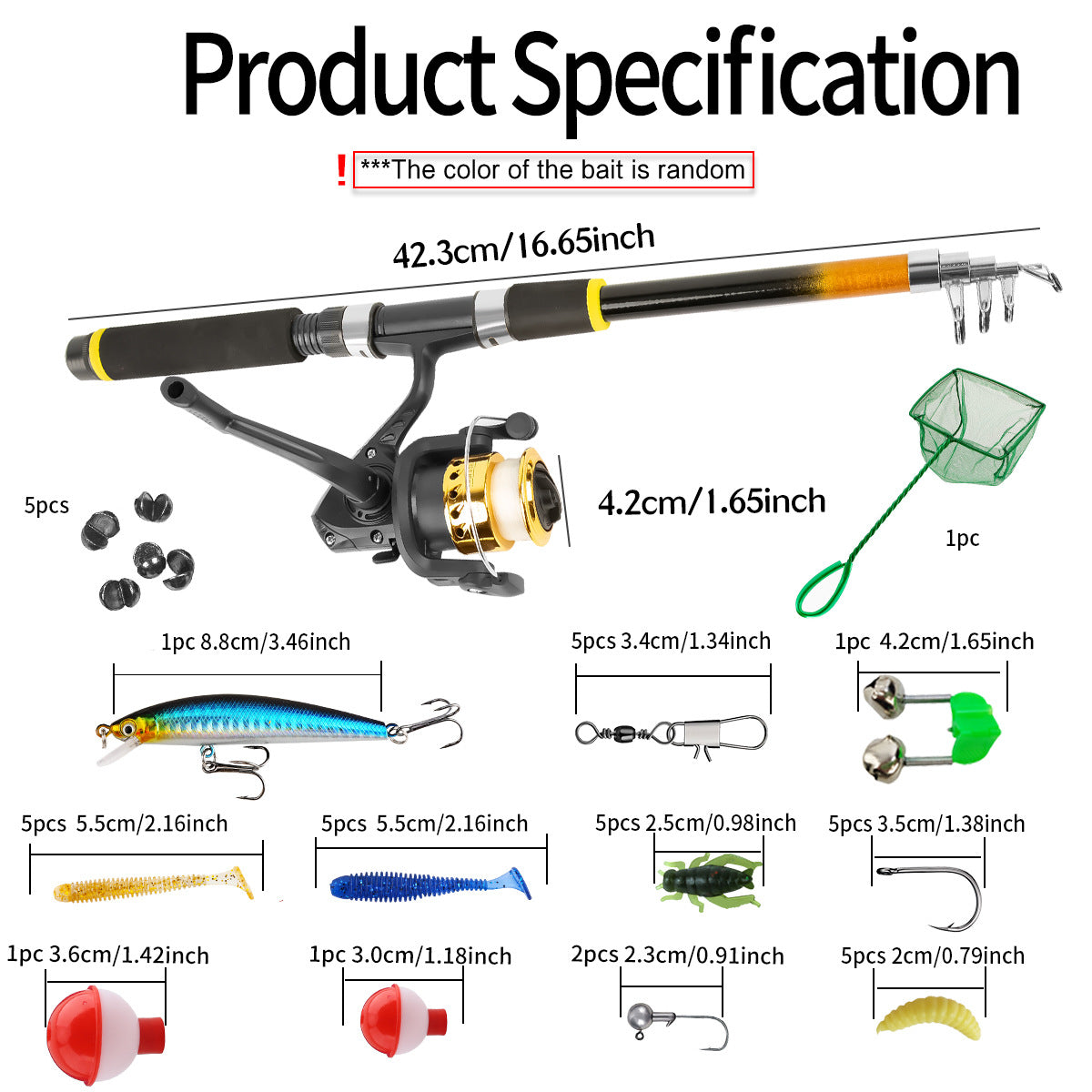 Telescopic fishing rod kit contents and accessory sizes