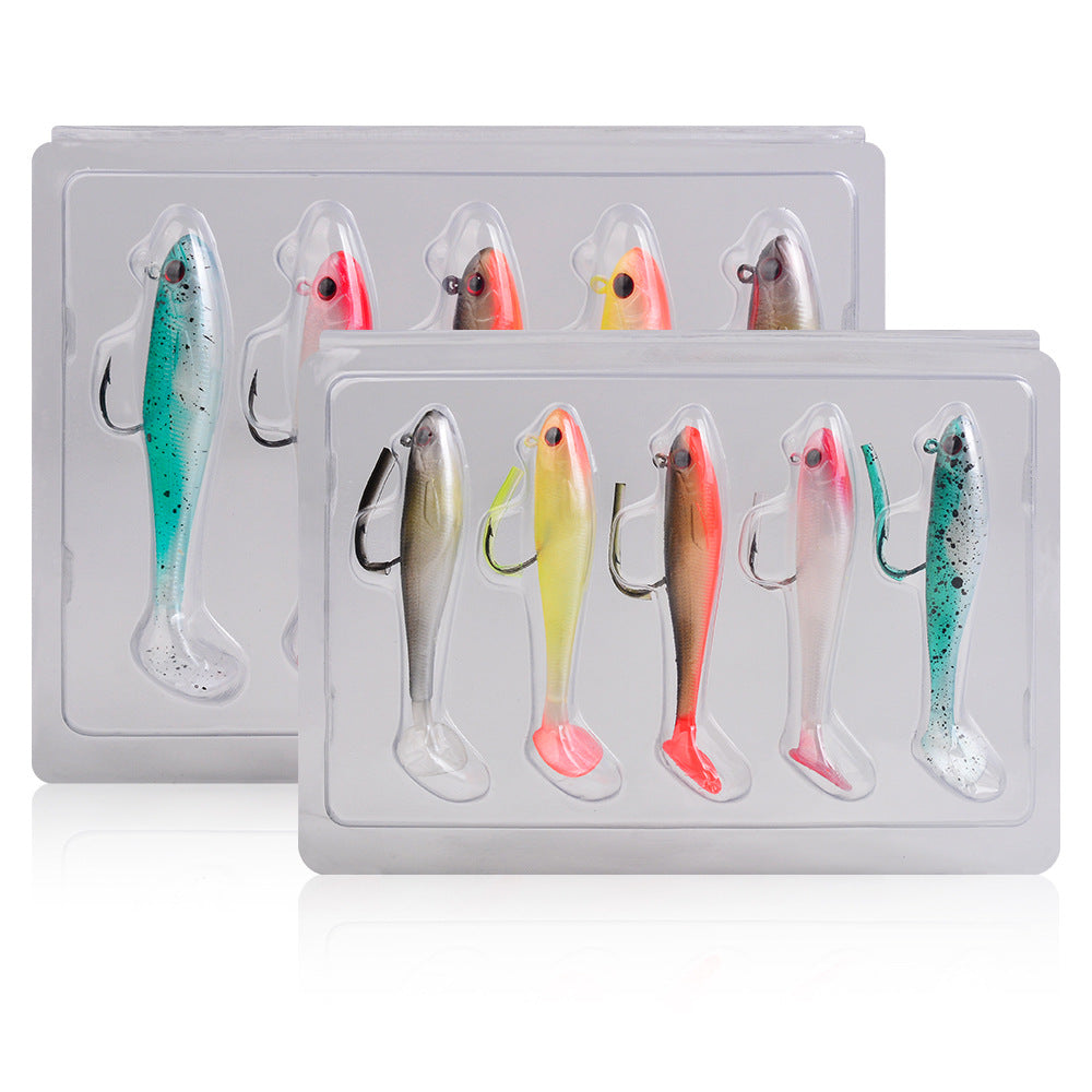 Pack of soft paddle tail swimbait lures in clear plastic cases, assorted colors