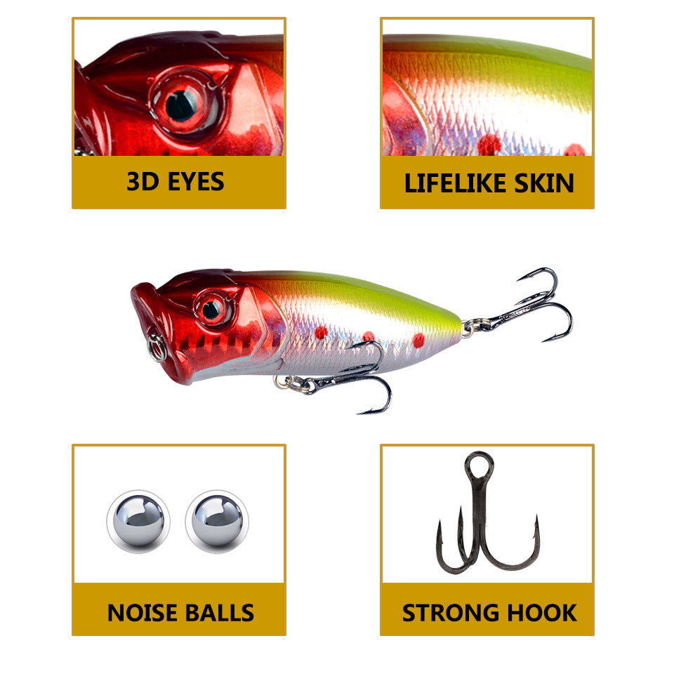 Red-silver topwater popper lure with 3D eyes, treble hooks, and lifelike skin details